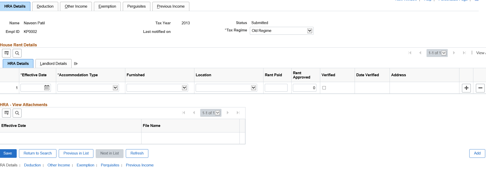 HRA Details page