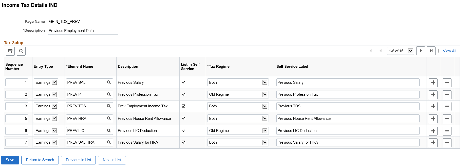 Tax setup previous employment page