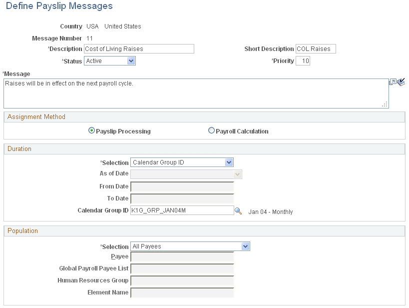 Define Payslip Sections page