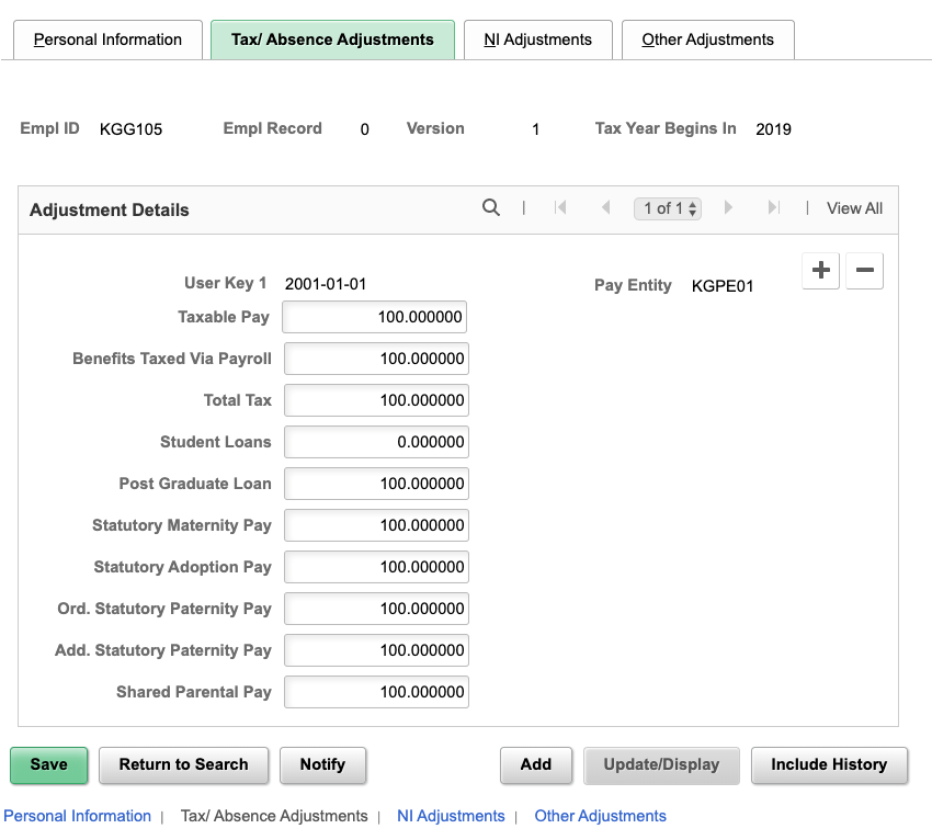 Tax/Absence Adjustments page
