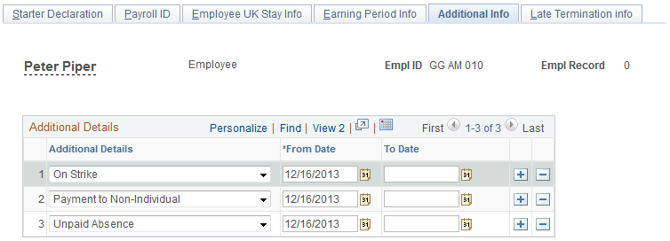 Additional Info page with 3 rows displaying the options in the Additional Details drop-down list