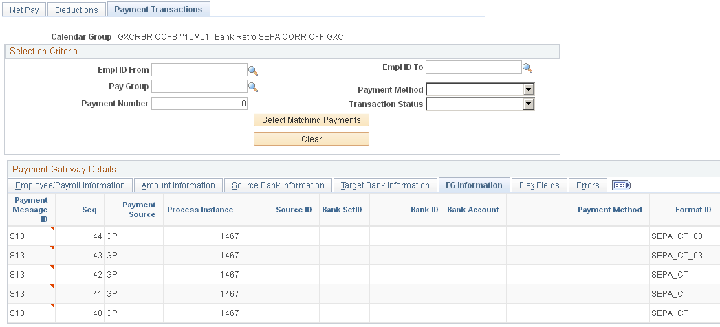 Payment Transactions page: FG Information tab