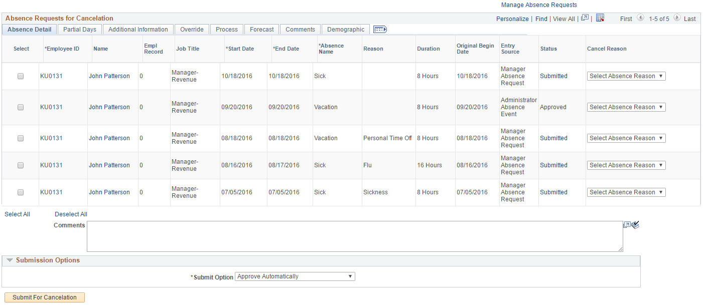Absence Requests for Cancelation grid