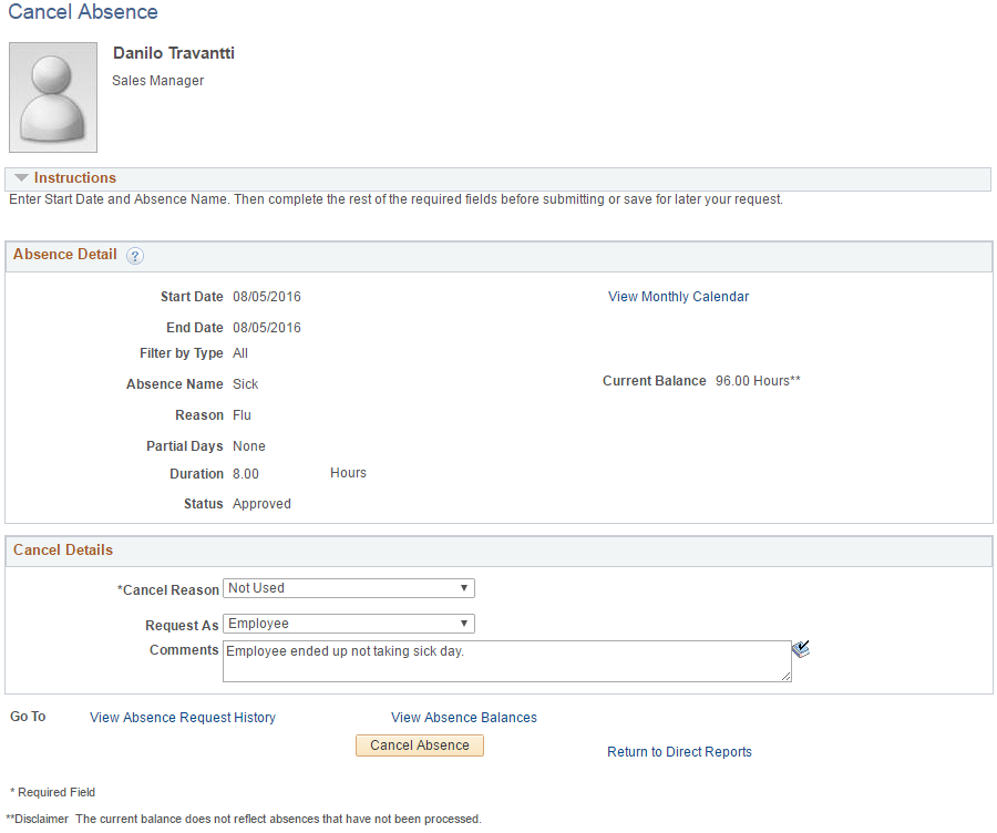 Cancel Absence page