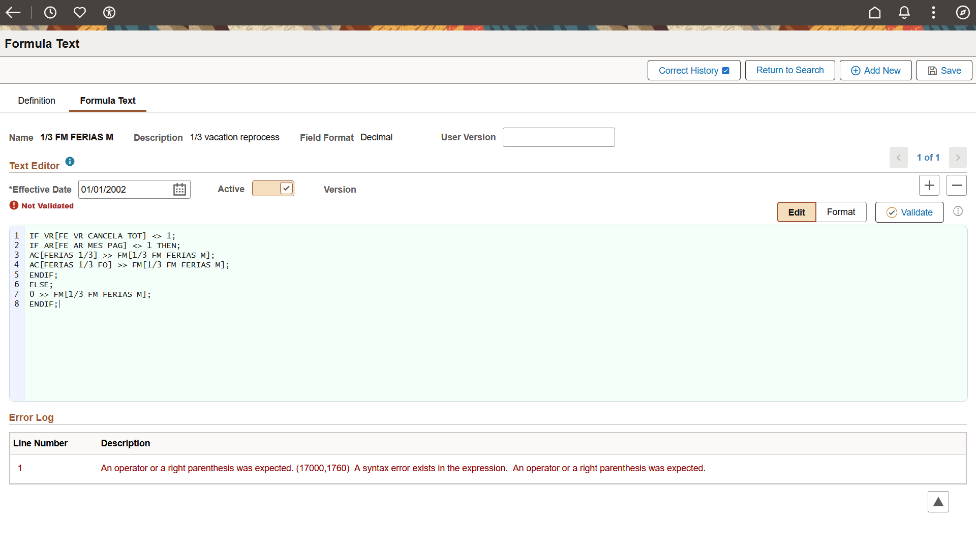 Not Validated Formula page