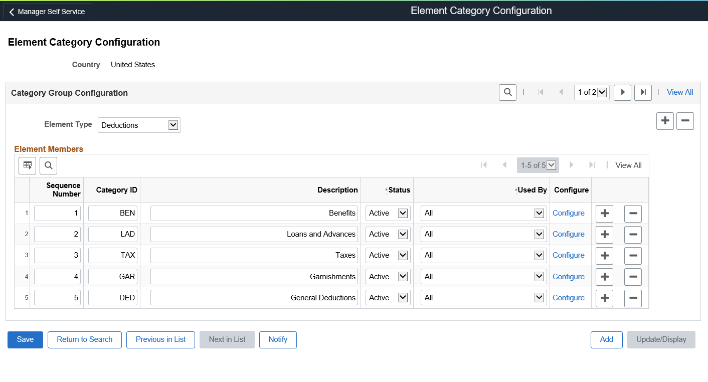 Element Category Configuration page