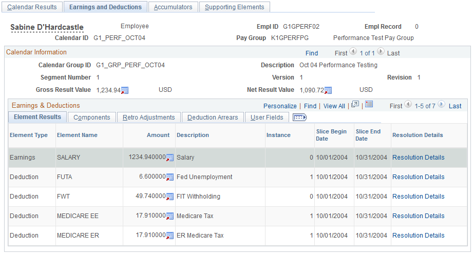 Results by Calendar - Earnings and Deductions page