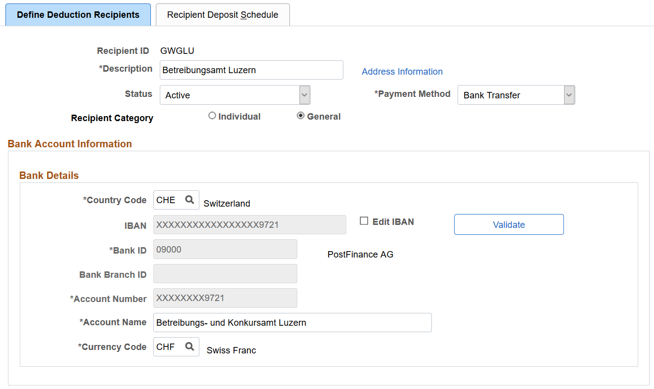 Define Deduction Recipients page