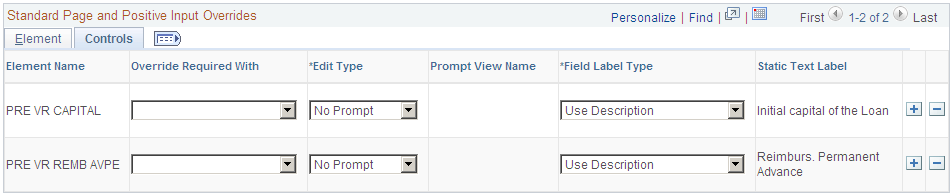 Configuration By Element page: Positive Input Level Overrides Controls (2 of 2), Control tab