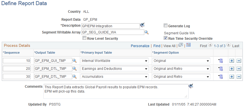 Define Report Data page