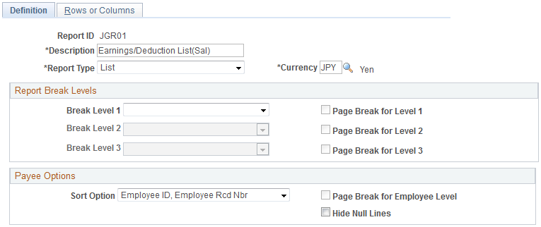 Generic Reports - Definition page