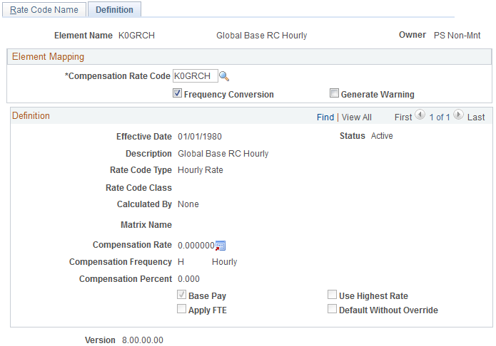 Rate Codes - Definition page