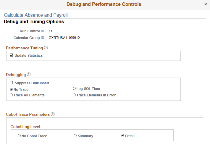 Debug and Tuning Options page