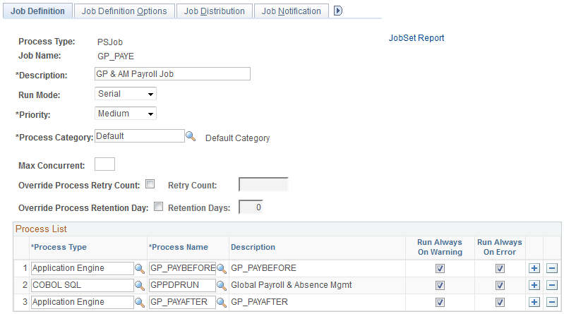 Job Definition page
