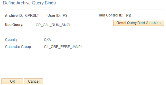 Define Archive Query Binds page