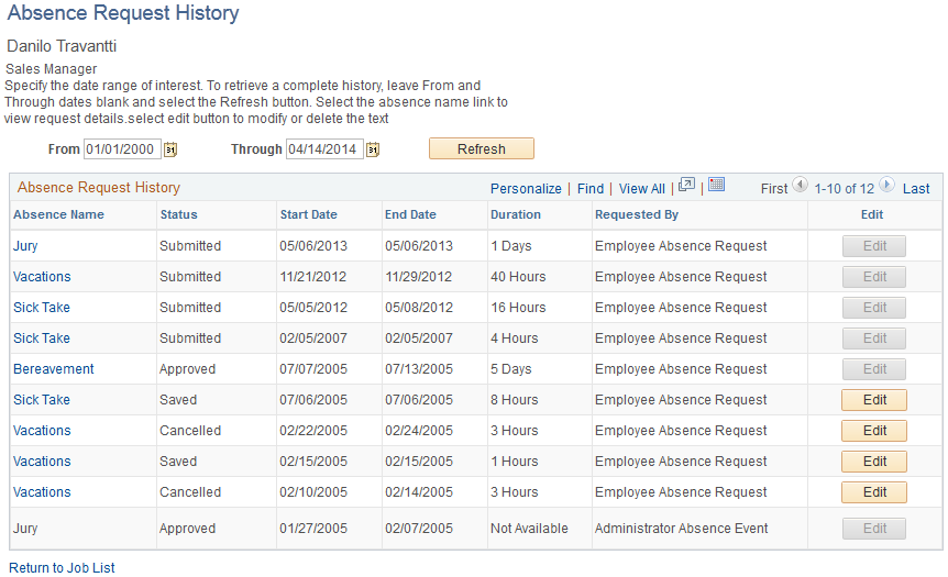 Absence Request History page
