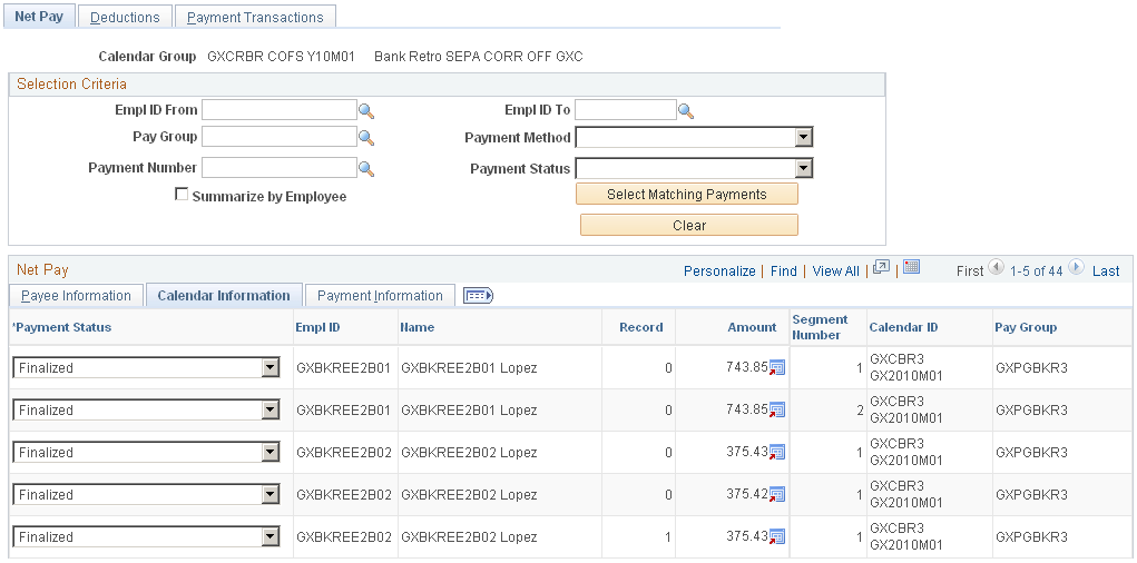 Net Pay page: Calendar Information tab