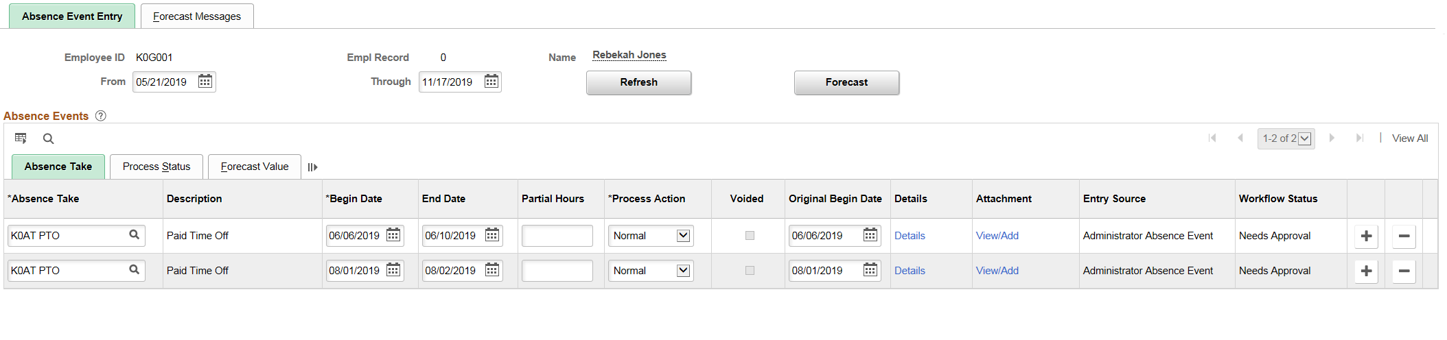 Absence Event Entry page