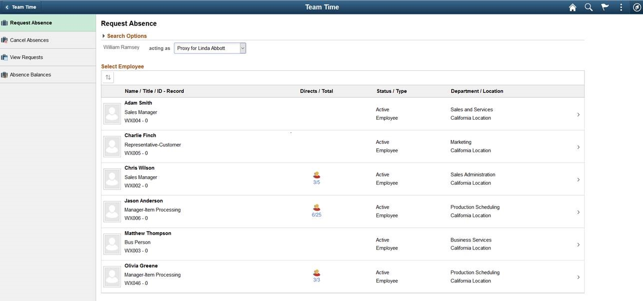 Request Absence (select employee) page_Acting as
