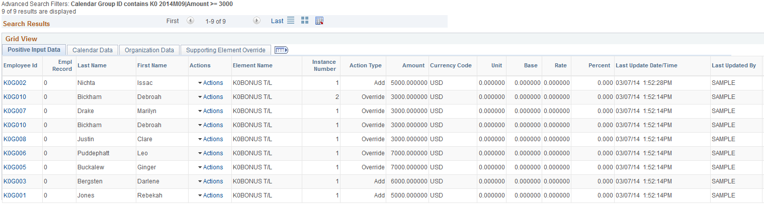 Example of search results using advanced search criteria