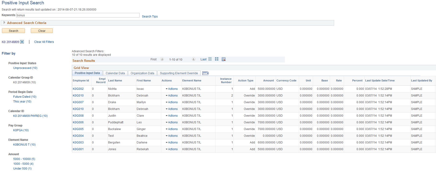 Positive Input Search page