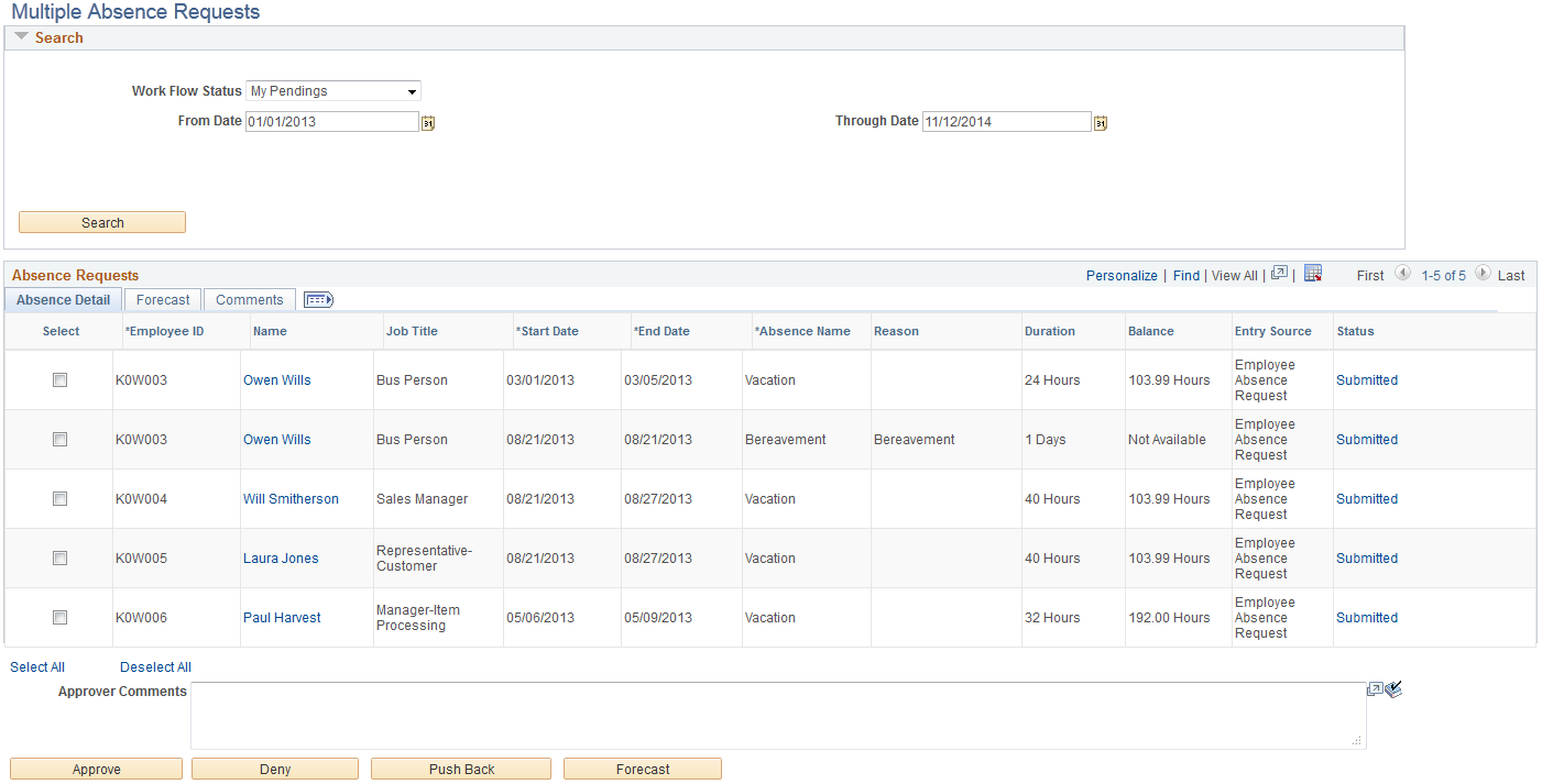Multiple Absence Requests page
