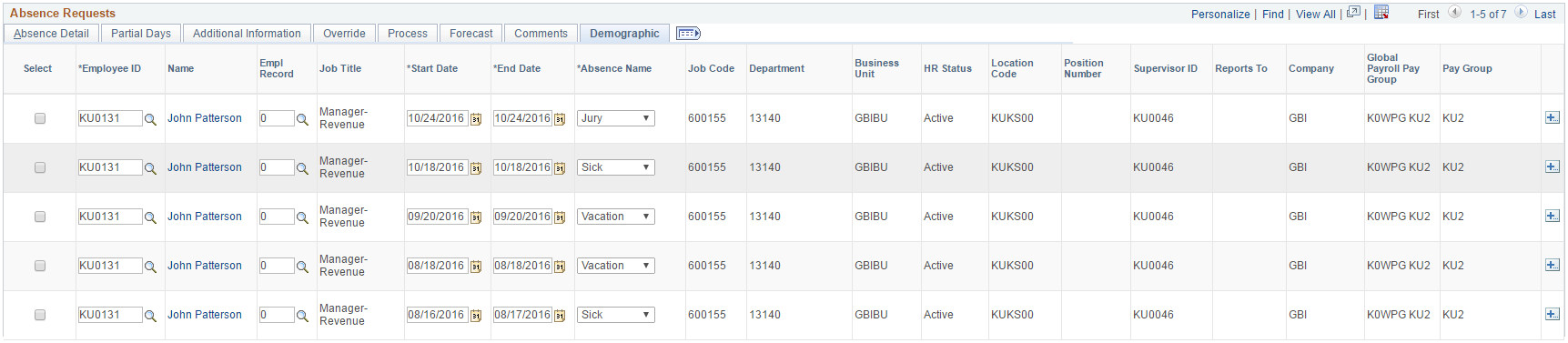 Create and Maintain Absence Requests page: Demographic tab