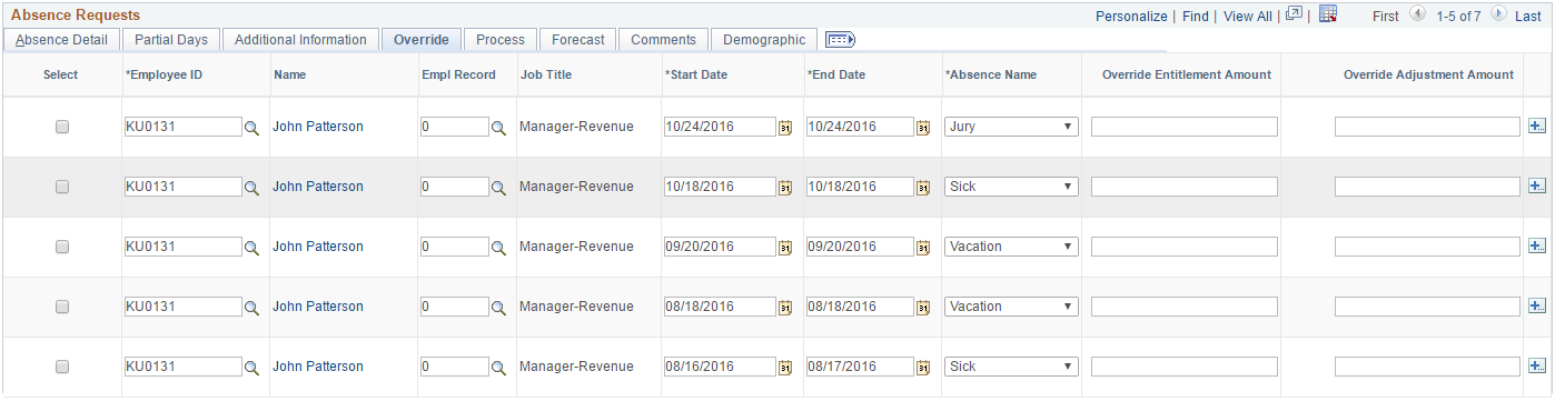 Create and Maintain Absence Requests page: Override tab