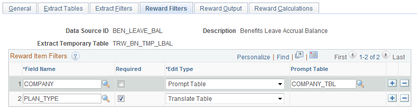 Define Reward Data Source - Reward Filters page