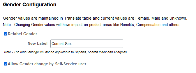 Gender Configuration page