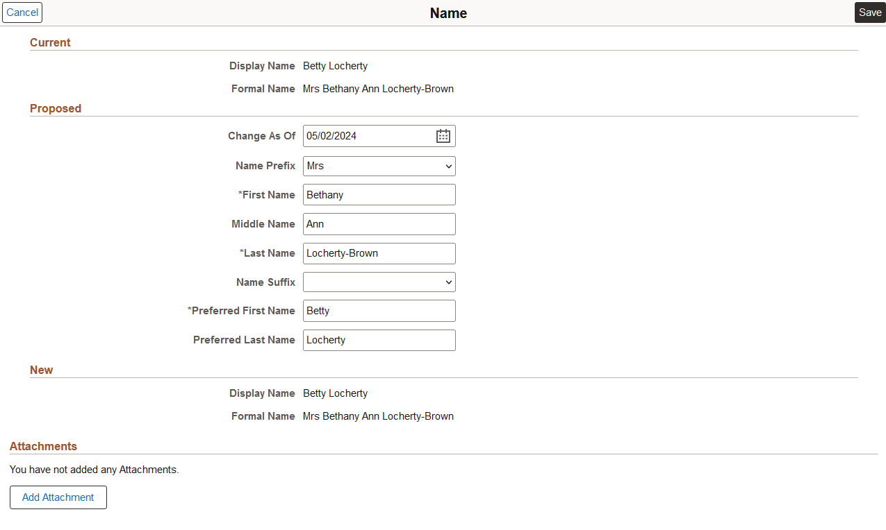 Example of a Name page without groups
