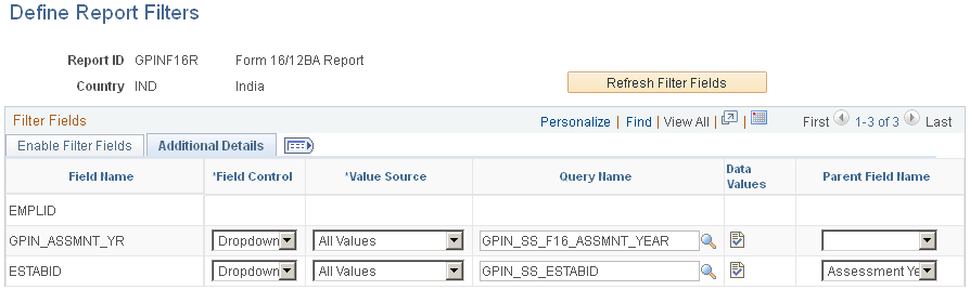 Define Report Filters page (2 of 2)
