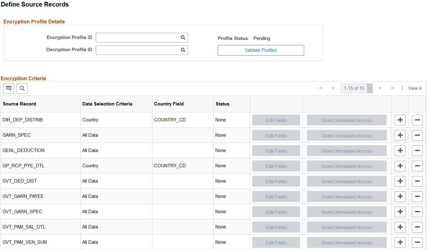 Define Source Records page before encryption