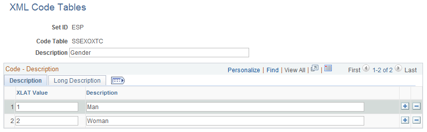 XML Code Tables page