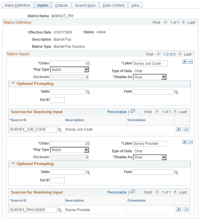 Inputs page