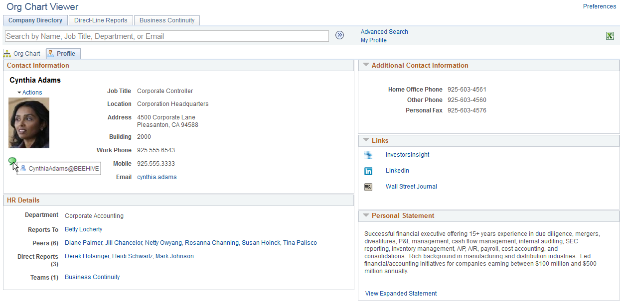 Example of the Org Chart Viewer: Profile page displaying the IM presence icon for an employee