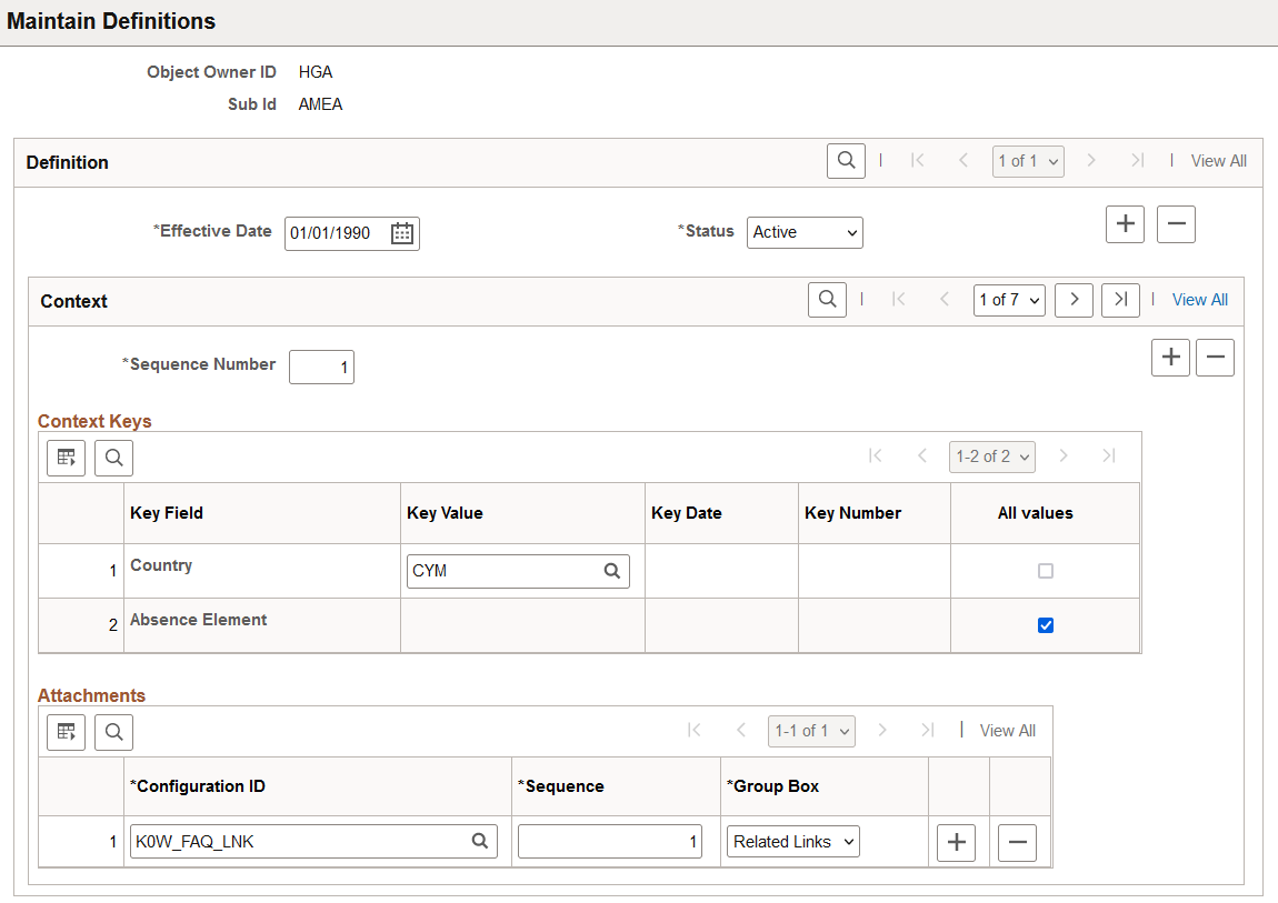 Maintain Definitions page