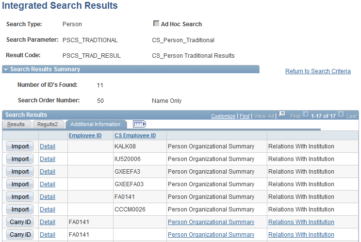 Integrated Search Results page: Additional Information tab