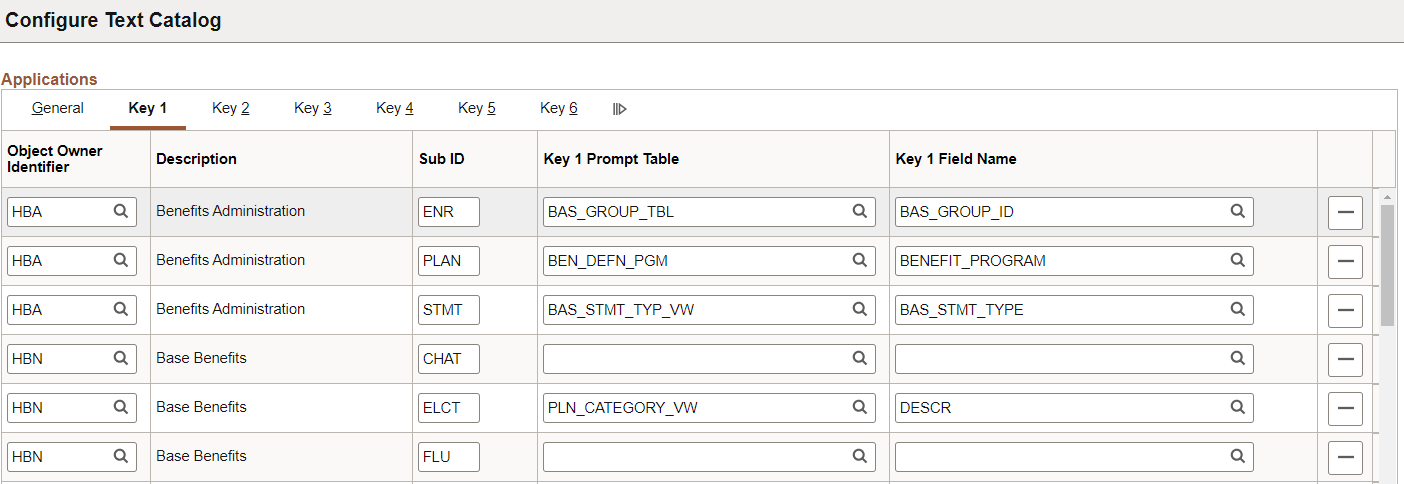 Configure Text Catalog page: Key 1 tab