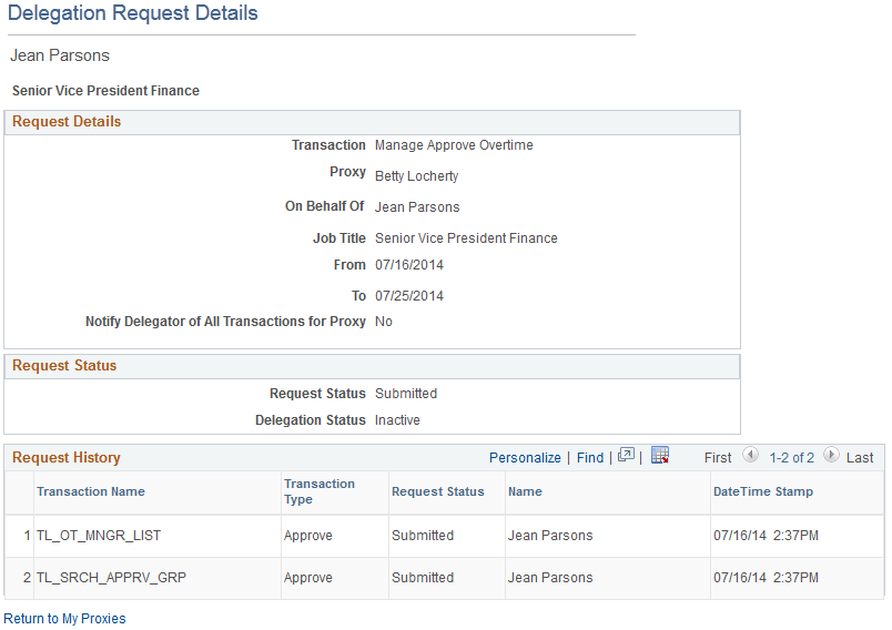 Delegation Request Details page