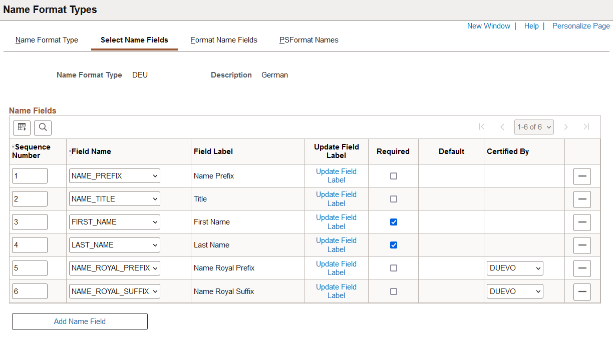 Select Name Fields Page when Use Format and Display Name Groups is not selected