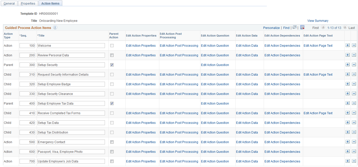 Define Guided Process - Action Items page
