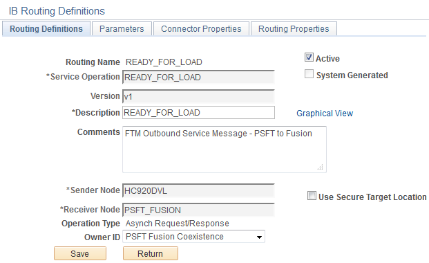 Routing Definitions page (READY_FOR_LOAD)