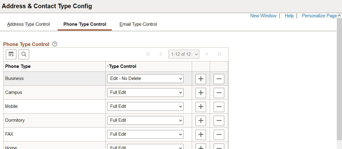 Phone Type Control page