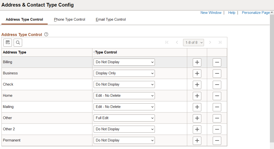 Address Type Control page