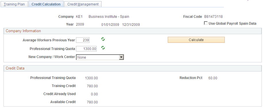 Credit Calculation page