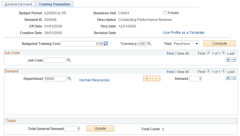 General Demand - Training Population page
