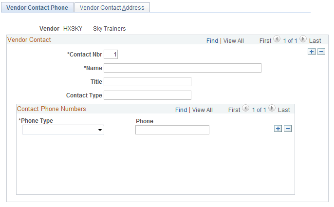 Vendor Contact Phone page