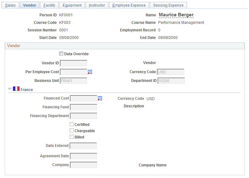 Maintain Student Costs - Vendor page