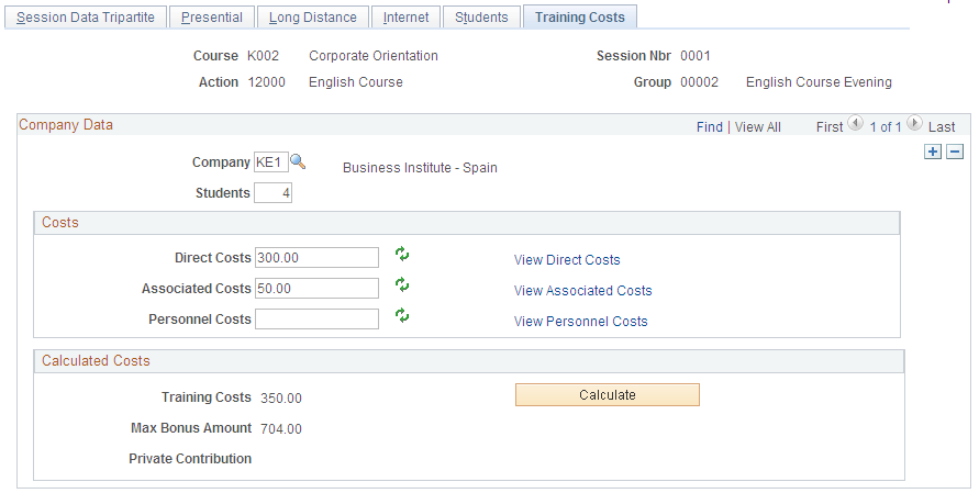 Training Costs page